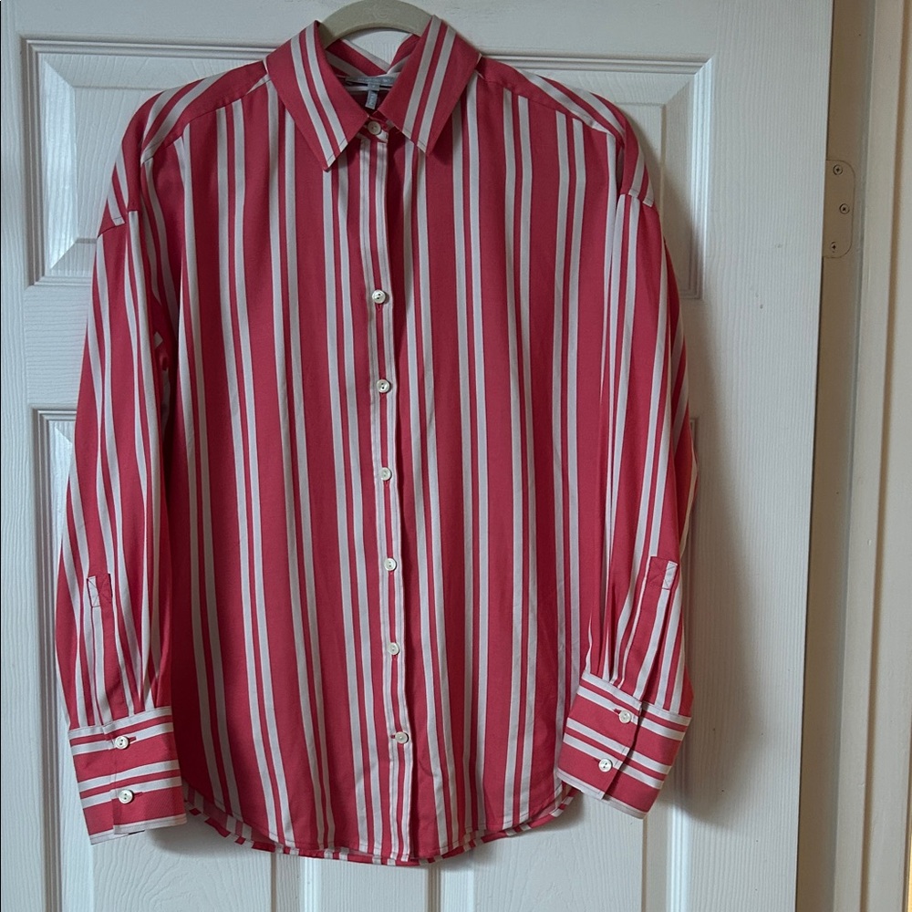 Women's Pink and White Striped Button-Up Shirt